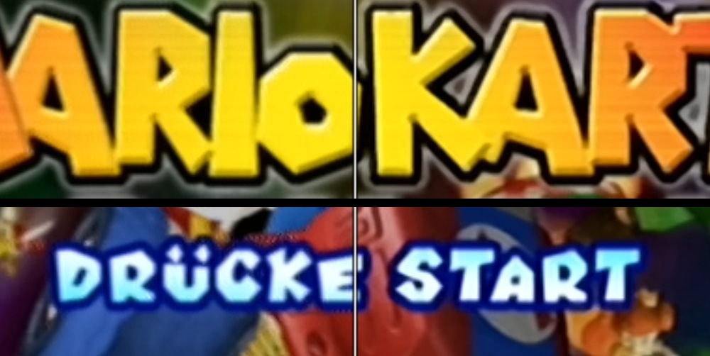 A GameCube title screen under F12, magnified across the divider: the logo and the lettering beaded with dot crawl on the left half, clean on the right