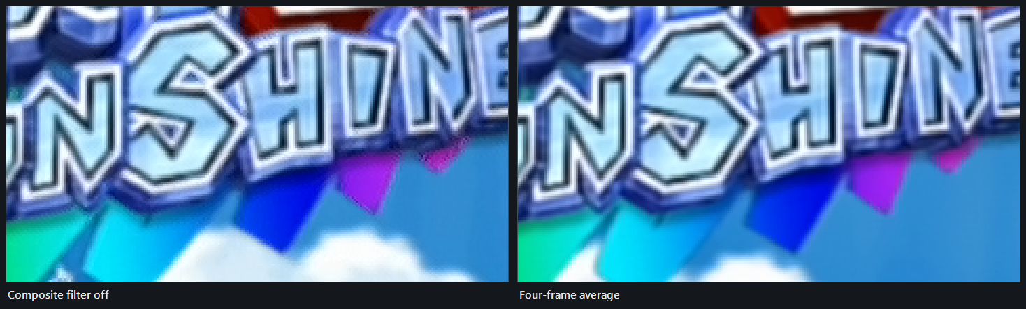 The same GameCube frame over composite: filter off on the left, dot crawl beading along every letter edge and across the colour bars, the average of what stands still on and clean on the right
