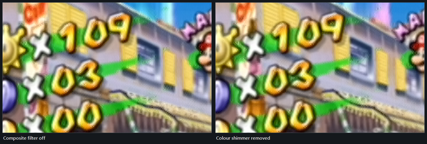The same frame with colour shimmer off and at 8, only where needed