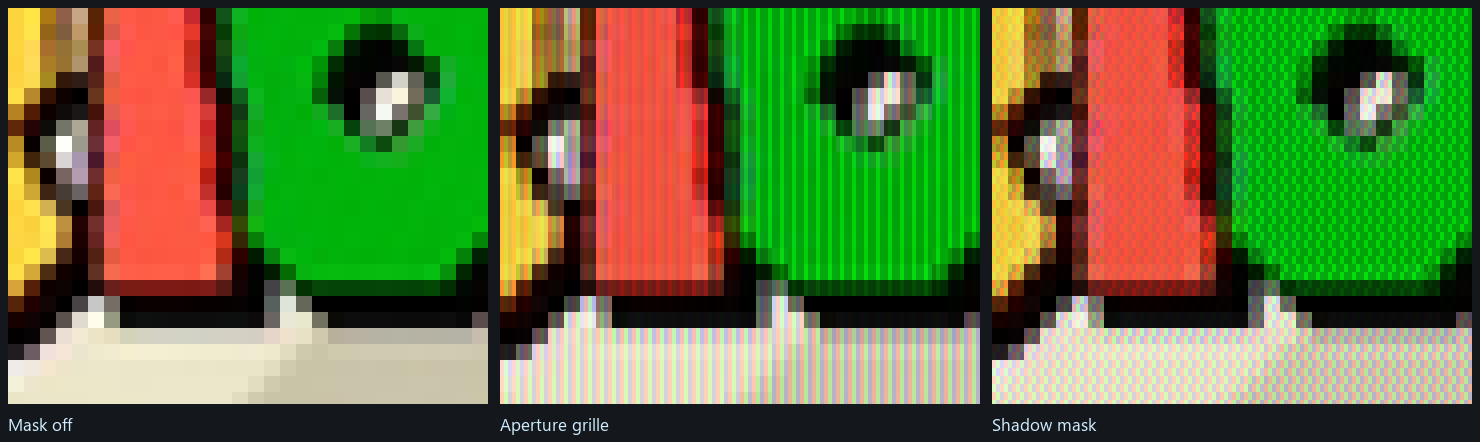 Three panels magnified to the pixel: mask off, an aperture grille with its vertical stripes, and a shadow mask whose triads step sideways every other row