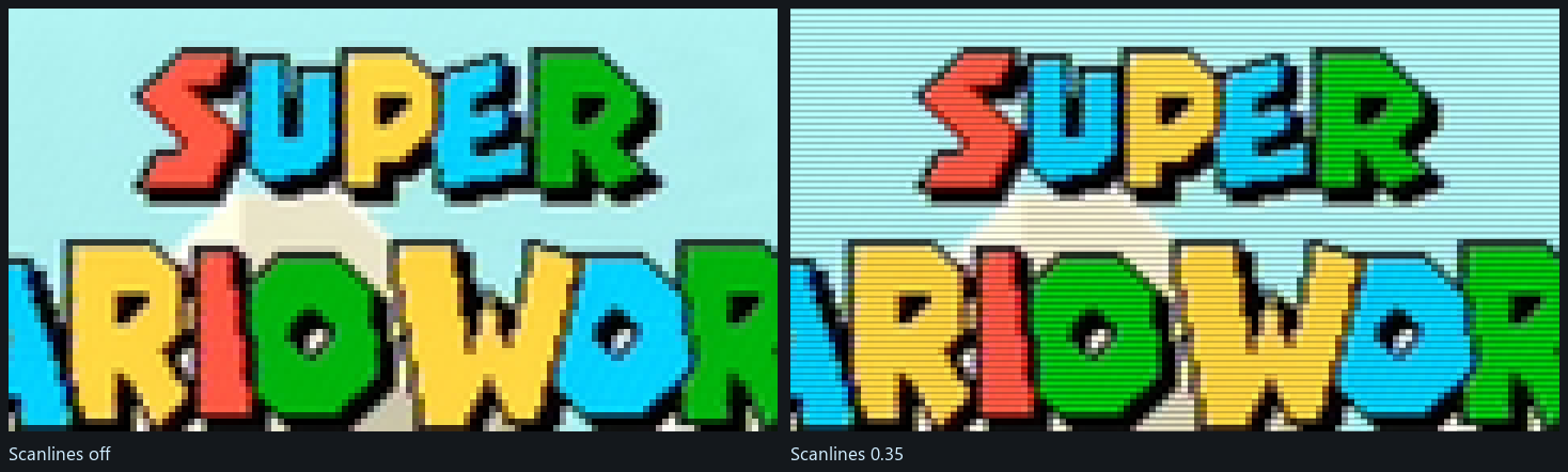 Left: the Super Mario World title screen at 240p, magnified six times. Right: the same picture with scanlines at 0.35, a dark gap between each pair of picture lines