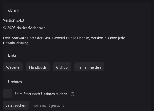 Der Reiter Über: Version, Copyright NuclearMeltdown, die Lizenz, die Links Website, Handbuch, GitHub und Fehler melden und unter Updates die Suche beim Start und Jetzt suchen