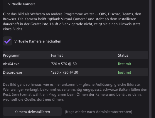 Der Abschnitt Virtuelle Kamera: eingeschaltet, OBS und Discord lesen mit, jedes in seinem eigenen Format