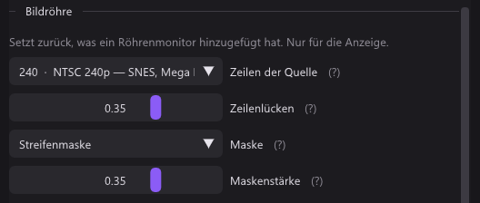 Der Abschnitt Bildröhre mit 240 Zeilen der Quelle, Zeilenlücken 0,35, Streifenmaske mit 0,35