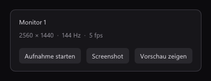 Die Anzeige von qBlank bei ausgeschalteter Vorschau: Monitor 1, 2560 × 1440, 144 Hz, 5 fps und die Knöpfe Aufnahme starten, Screenshot und Vorschau zeigen