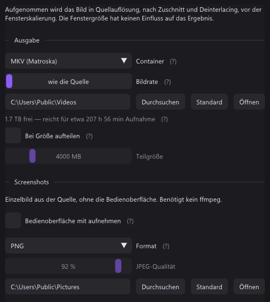 Der Reiter Aufnahme: Container MKV, Bildrate wie die Quelle, der Ausgabeordner mit dem freien Platz als Aufnahmezeit und unter Screenshots das Format PNG und der Screenshot-Ordner