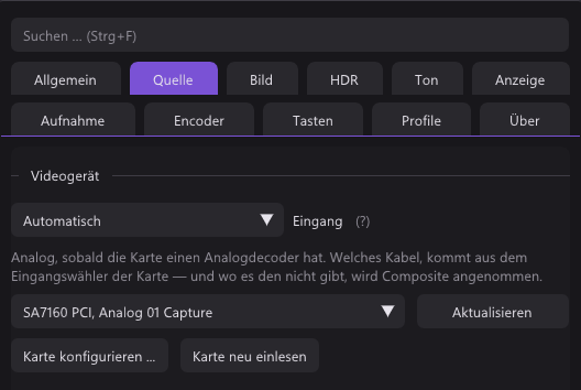 Der Reiter Quelle der Einstellungen: der Eingang auf Automatisch, die Karte unter Videogerät gewählt und die Knöpfe Karte konfigurieren und Karte neu einlesen