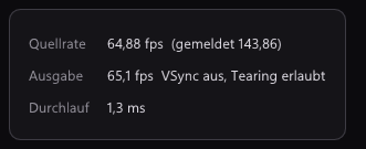 Die F1-Statistik auf Kompakt: Quellrate 64,88 fps, gemeldet 143,86; Ausgabe 65,1 fps, VSync aus, Tearing erlaubt; Durchlauf 1,3 ms