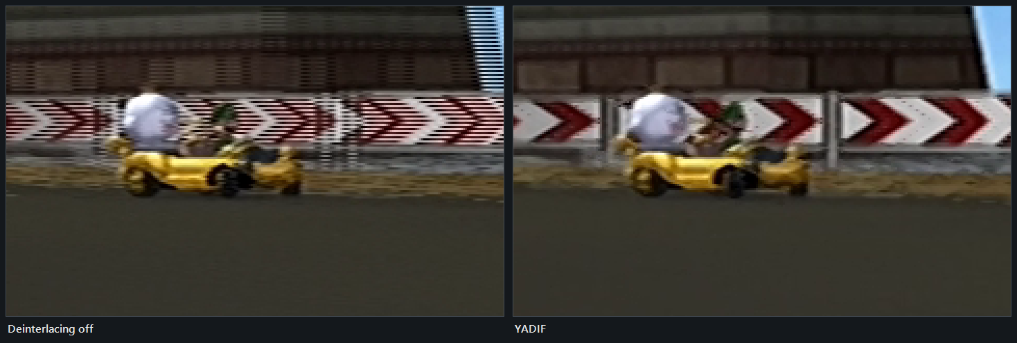 Left: a kart driving past a 480i barrier, woven, the chevrons torn into interlacing combs. Right: the same moment through YADIF, clean