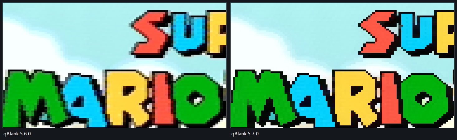 Left: the Super Mario World logo from a PAL SNES over composite, snapped to the native pixel grid in qBlank 5.6.0, outlines grey and colours bleeding. Right: the same frame in 5.7.0, black outlines and one colour per letter