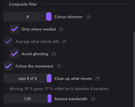 The Composite filter section of the settings: colour shimmer, the average of what stands still with its conditions, the demodulator at step 9 of 9 and restore bandwidth