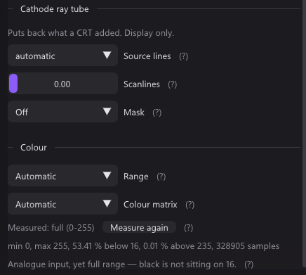 The Cathode ray tube and Colour sections of the settings: source lines, scanlines and mask, and under them the range and matrix with the measurement they were taken from