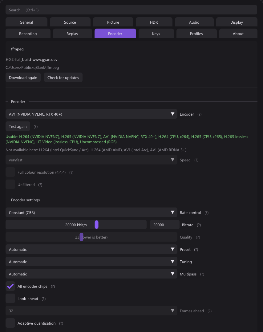 The Encoder tab