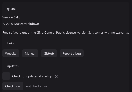 The About tab: version, copyright NuclearMeltdown, the licence, the links Website, Manual, GitHub and Report a bug, and under Updates the startup check and Check now