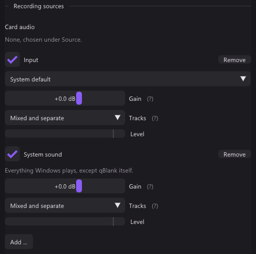 The Recording sources section of the Audio tab: the card audio, an input on the system default and the system sound, each with gain, tracks and level, and the button Add