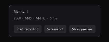 The panel qBlank shows with the preview off: Monitor 1, 2560 × 1440, 144 Hz, 5 fps, and the buttons Start recording, Screenshot and Show preview