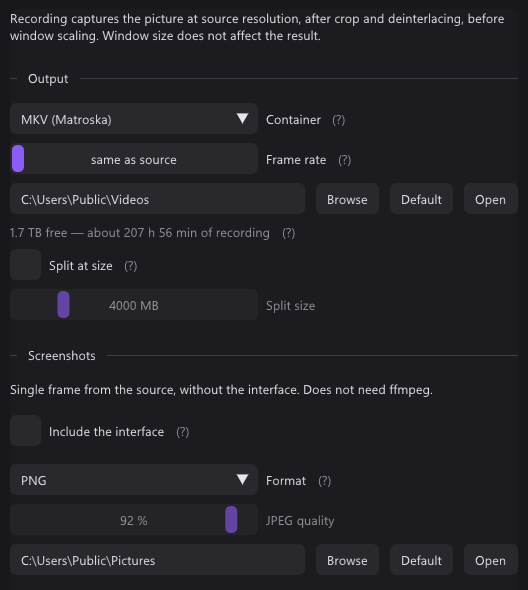 The Recording tab: container MKV, frame rate same as source, the output folder with the free space as recording time, and under Screenshots the format PNG and the screenshot folder