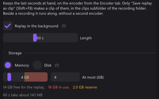 The Replay tab: replay in the background on, length 60 seconds, storage in memory with at most 4 GB, the free memory, and what 60 seconds take