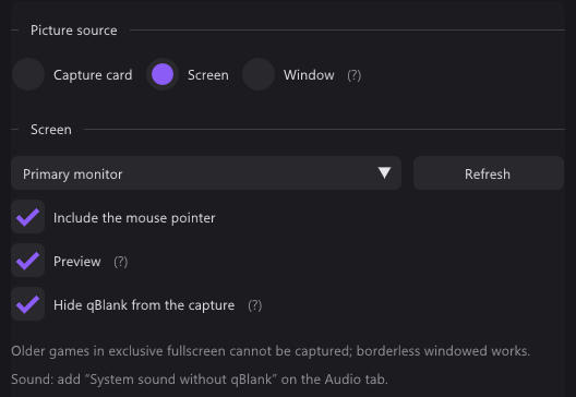 The Source tab with Screen as picture source: the primary monitor picked, mouse pointer, preview and hiding qBlank from the capture switched on, and the notes on exclusive fullscreen and sound