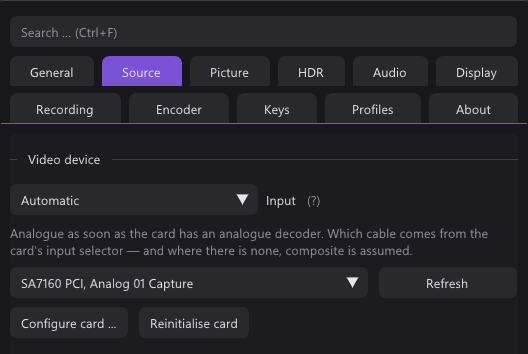 The Source tab of the settings: the input set to Automatic, the card picked under Video device, and the buttons Configure card and Reinitialise card