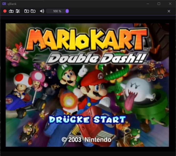 The qBlank window showing a game's title screen, with the toolbar along the top