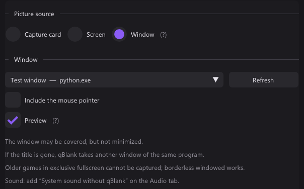 The Source tab with Window as picture source: the window Test window — python.exe, Refresh, the boxes for the mouse pointer and the preview, and four notes on covered windows, a lost title, exclusive fullscreen and sound