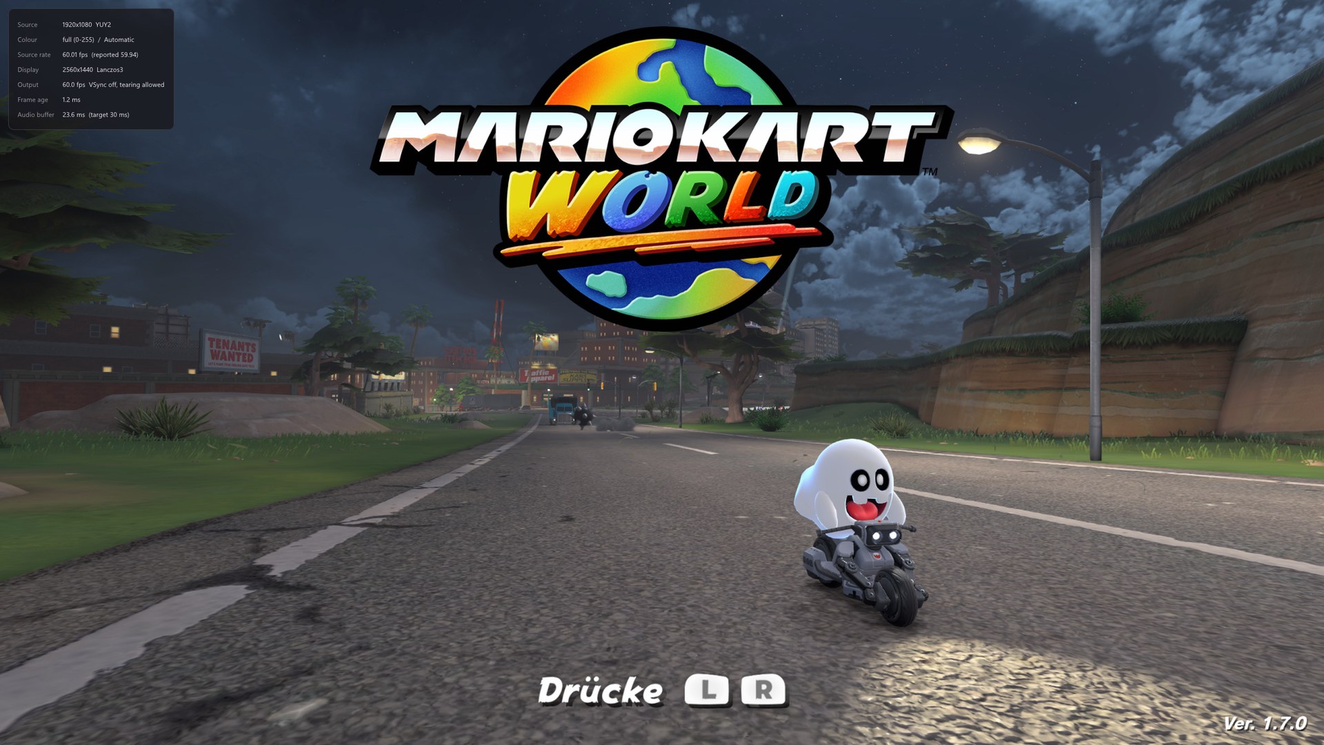 qBlank in fullscreen showing a console at 1080p60, with the statistics overlay reading a frame age of 1.2 ms